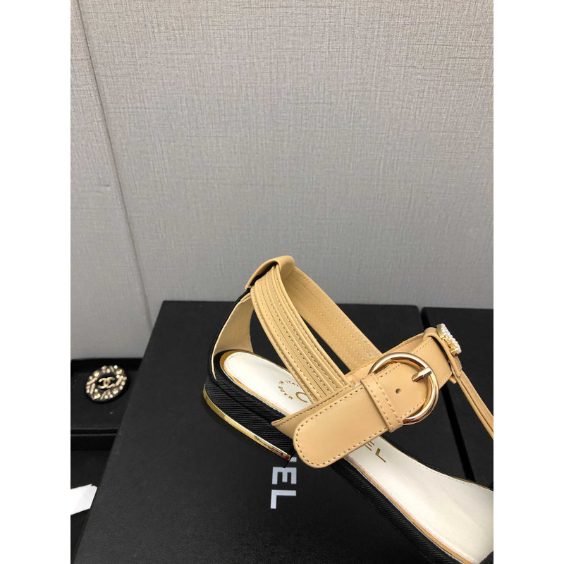 Ch*el casual style leather party style logo sandals  beige and black