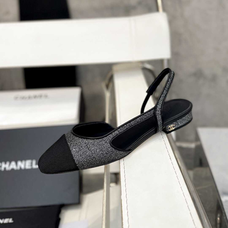 Ch*el strass 20mm slingbacks gray black grosgrain