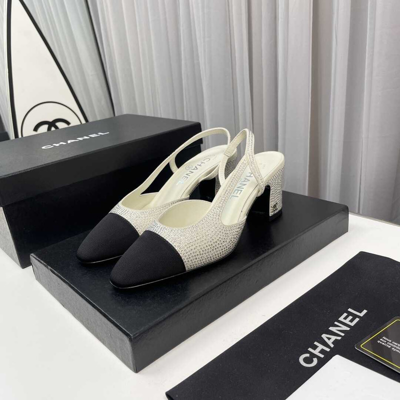 Ch*el strass slingbacks silver black grosgrain