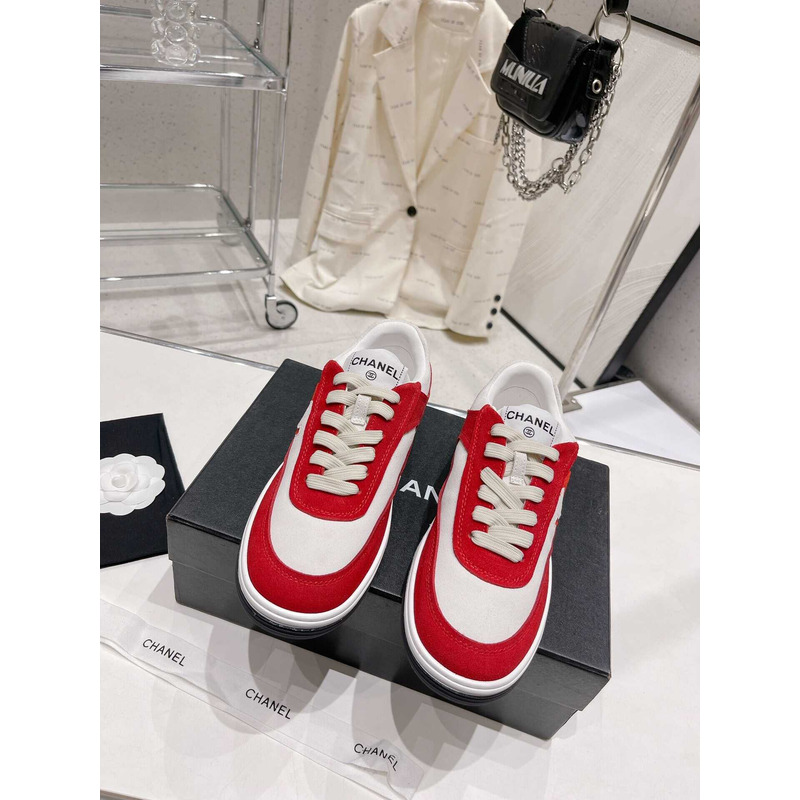 Ch*el cc logo suede kidskin trainers red