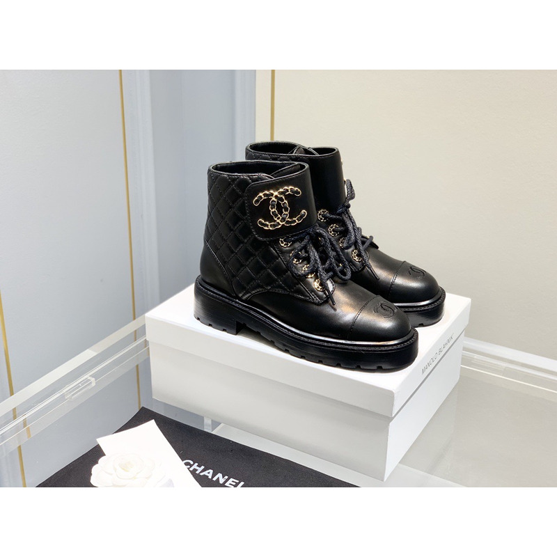 Ch*el cc chain buckle leather boots black