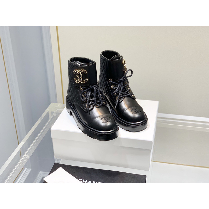 Ch*el cc chain buckle leather boots black