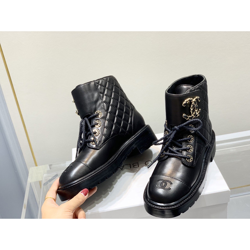 Ch*el cc chain buckle leather boots black