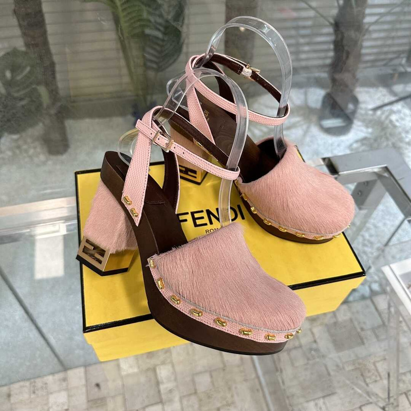 F**di plain leather sabo elegant style logo heeled sandals pink