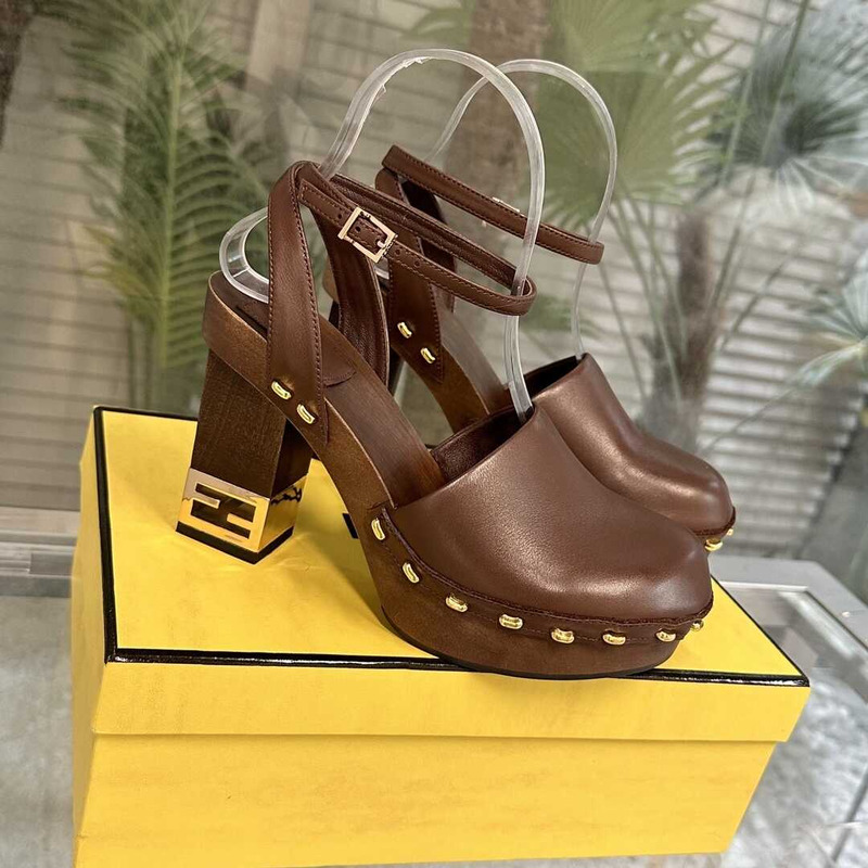 F**di brown leather high heel show clogs