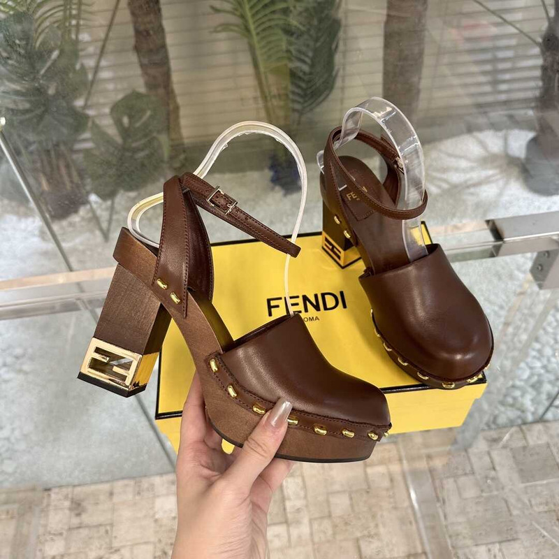 F**di brown leather high heel show clogs