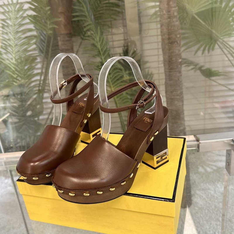 F**di brown leather high heel show clogs