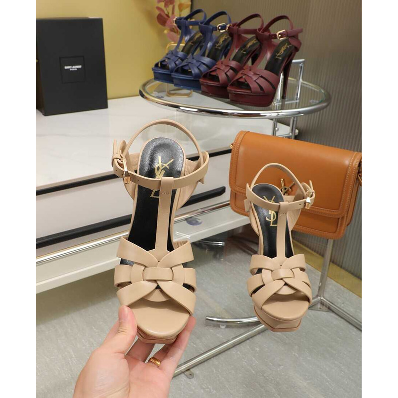 Saint Laurent Tribute Heeled Sandals Leather Beige