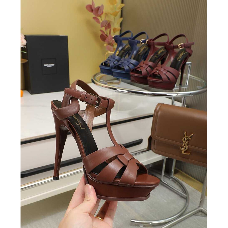 Saint Laurent Tribute Heeled Sandals Leather Brown