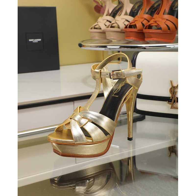 Saint Laurent Tribute Heeled Sandals Metallic Coated Leather Gold