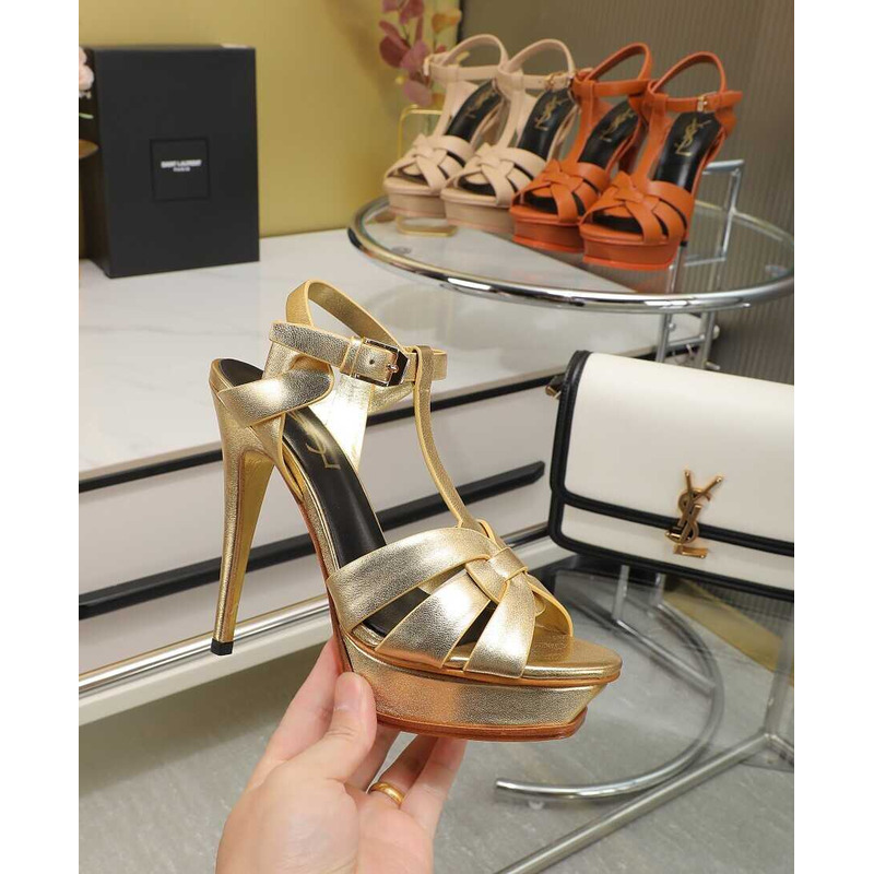 Saint Laurent Tribute Heeled Sandals Metallic Coated Leather Gold