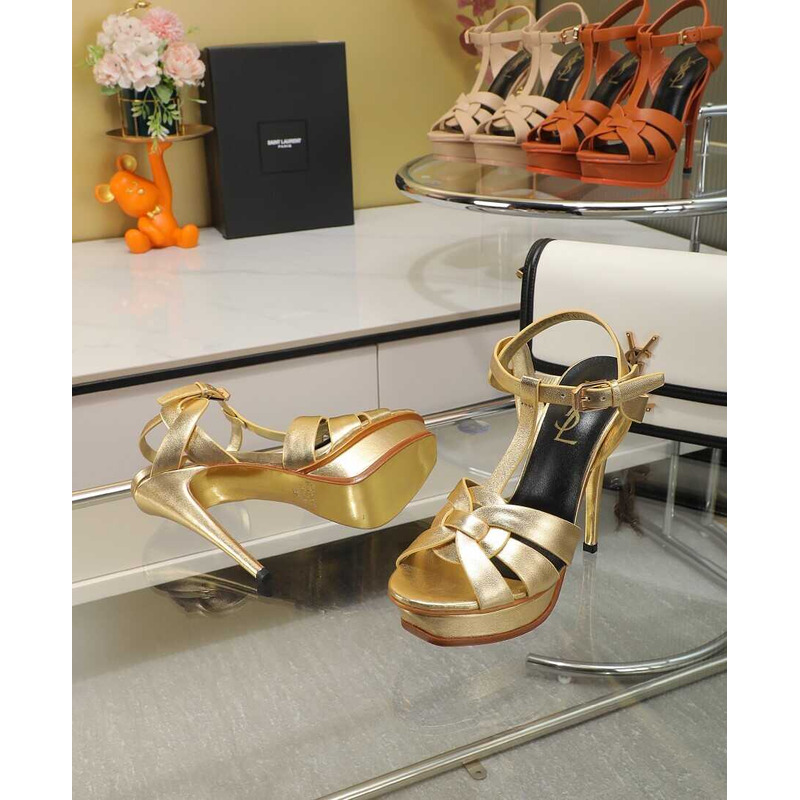 Saint Laurent Tribute Heeled Sandals Metallic Coated Leather Gold