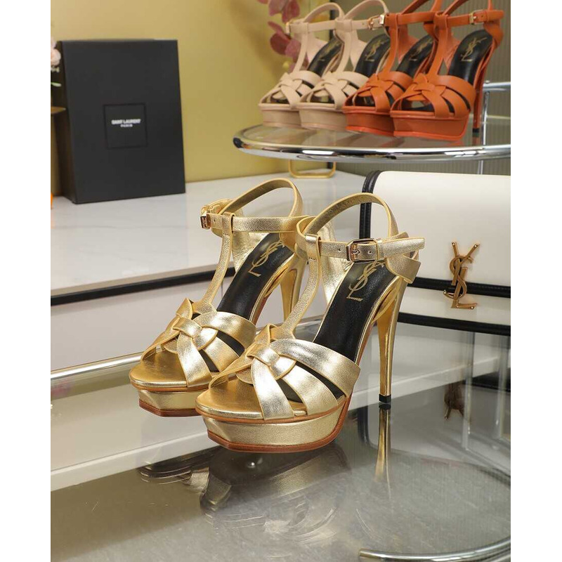 Saint Laurent Tribute Heeled Sandals Metallic Coated Leather Gold