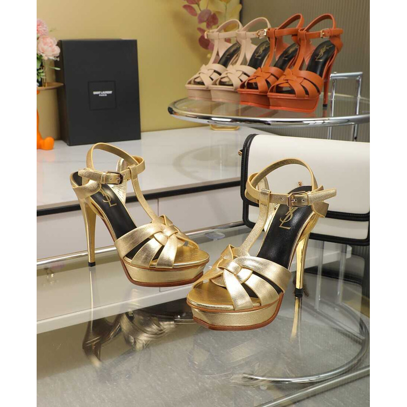 Saint Laurent Tribute Heeled Sandals Metallic Coated Leather Gold