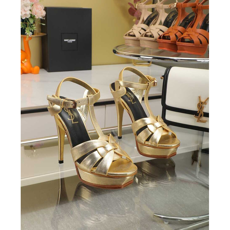 Saint Laurent Tribute Heeled Sandals Metallic Coated Leather Gold