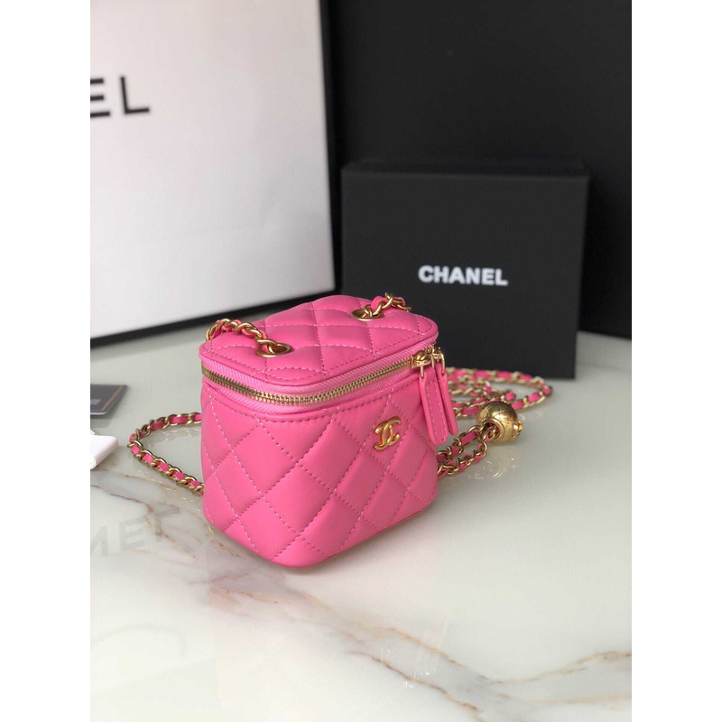 Ch*el lambskin quilted pearl crush mini vanity case with chain pink