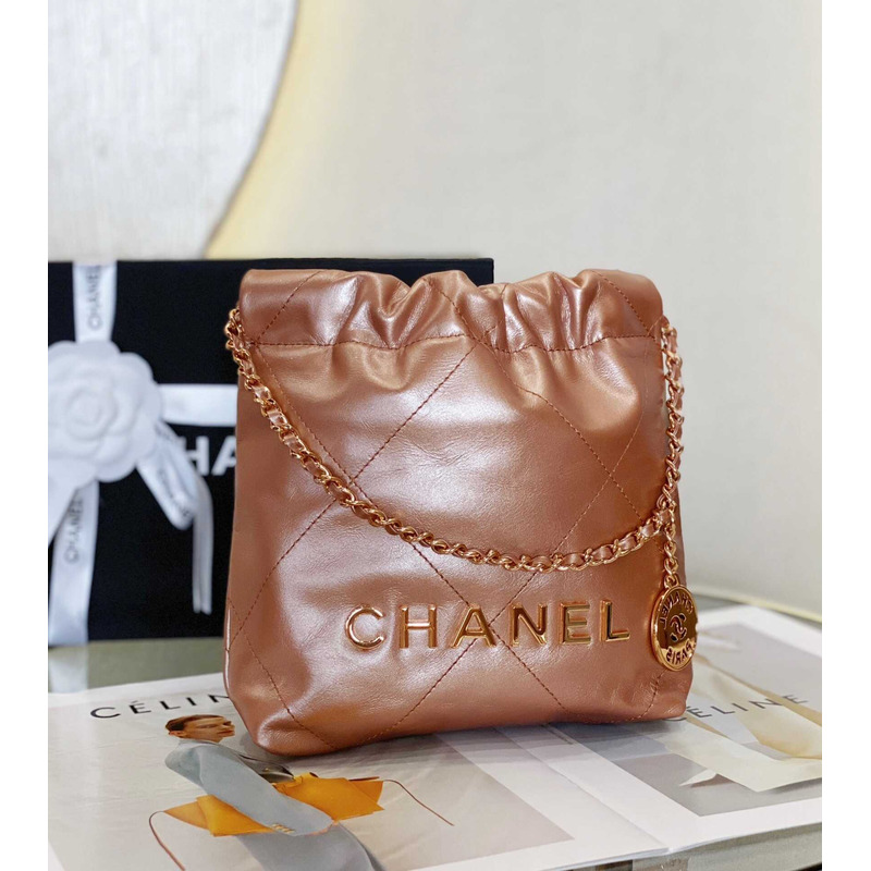 Ch*el 22 mini handbag metallic calfskin & pink gold-tone metal