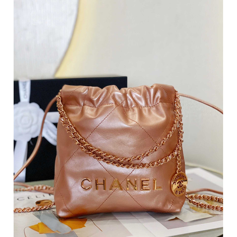 Ch*el 22 mini handbag metallic calfskin & pink gold-tone metal