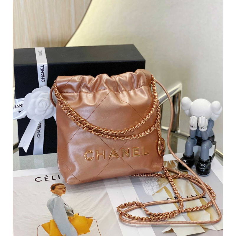 Ch*el 22 mini handbag metallic calfskin & pink gold-tone metal