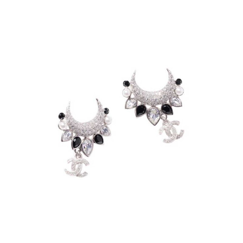 Ch*el silver crystal & black cc earrings