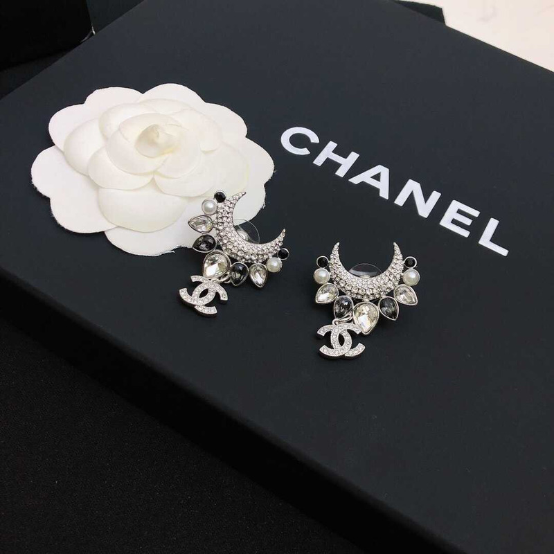 Ch*el silver crystal & black cc earrings