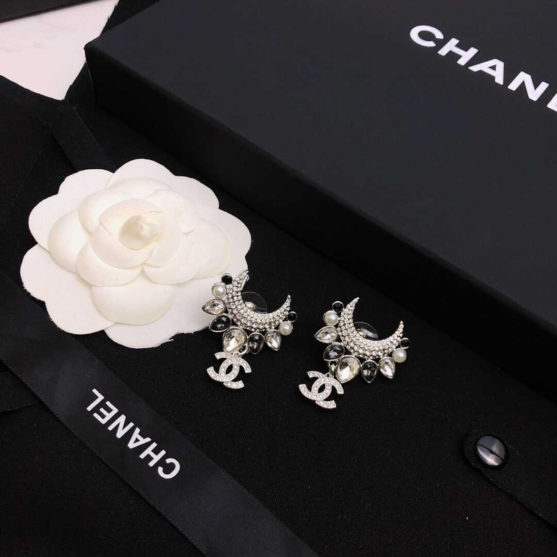 Ch*el silver crystal & black cc earrings