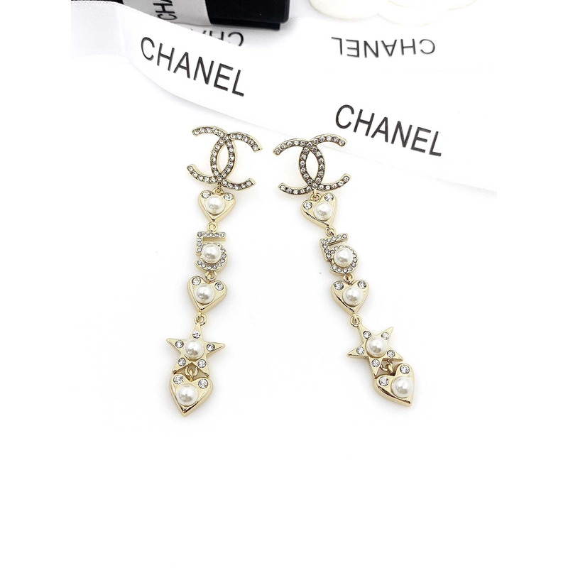 Ch*el pearl long earrings light gold