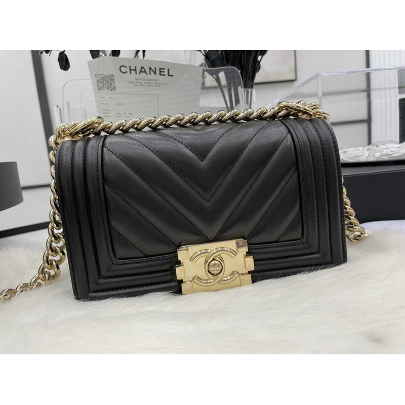 Ch*el boy chevron quilted caviar gold-tone small black