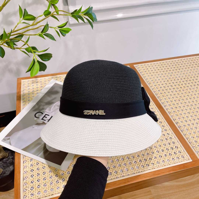 Ch*el summer straw bucket hat white black