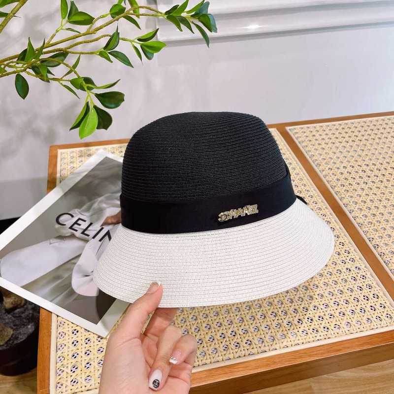 Ch*el summer straw bucket hat white black