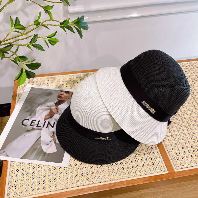 Ch*el summer straw bucket hat white black