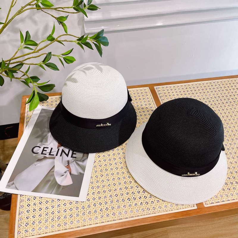 Ch*el summer straw bucket hat white black