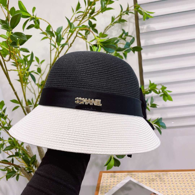 Ch*el summer straw bucket hat white black