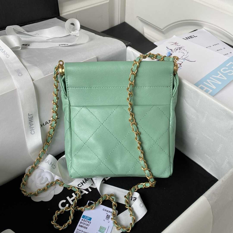 Ch*el small bucket bag lambskin resin & gold-tone metal light green