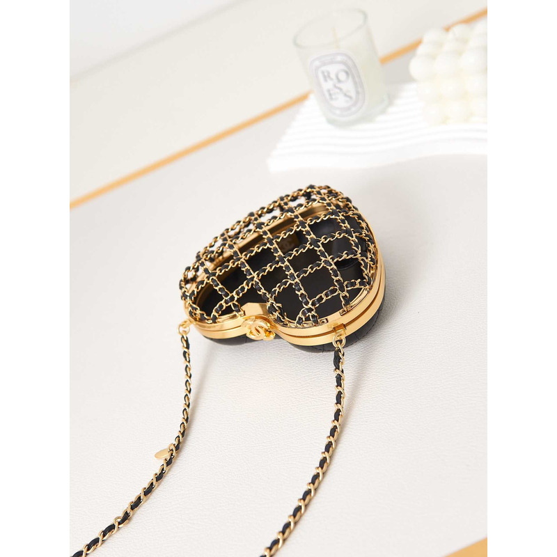 Ch*el heart minaudiere lambskin & gold-tone metal black