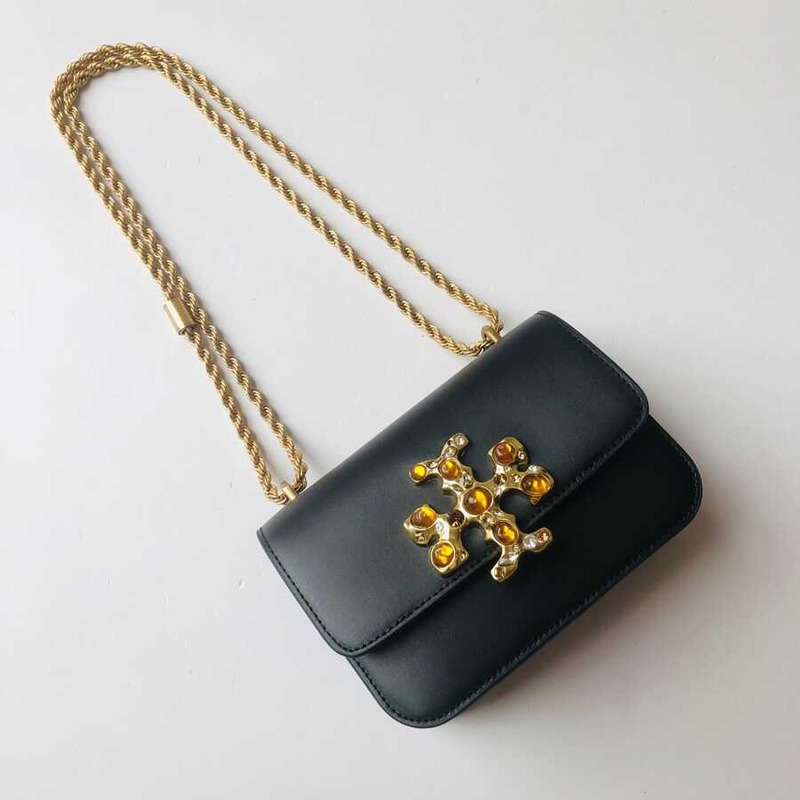 Tory Burch Double T Inlaid LOGO Leather Chain Bag - Black