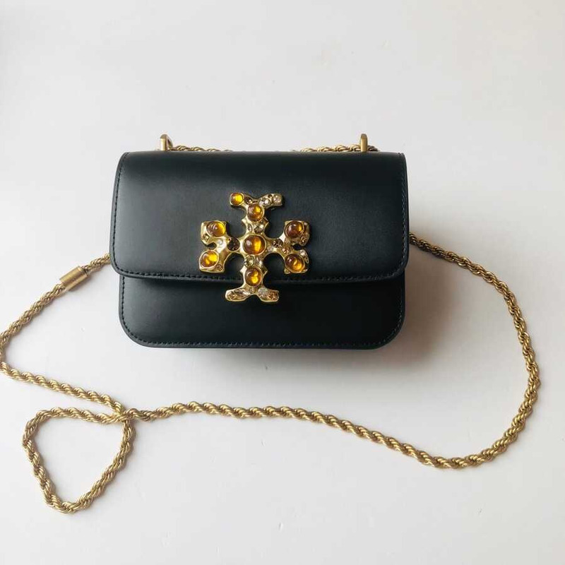 Tory Burch Double T Inlaid LOGO Leather Chain Bag - Black