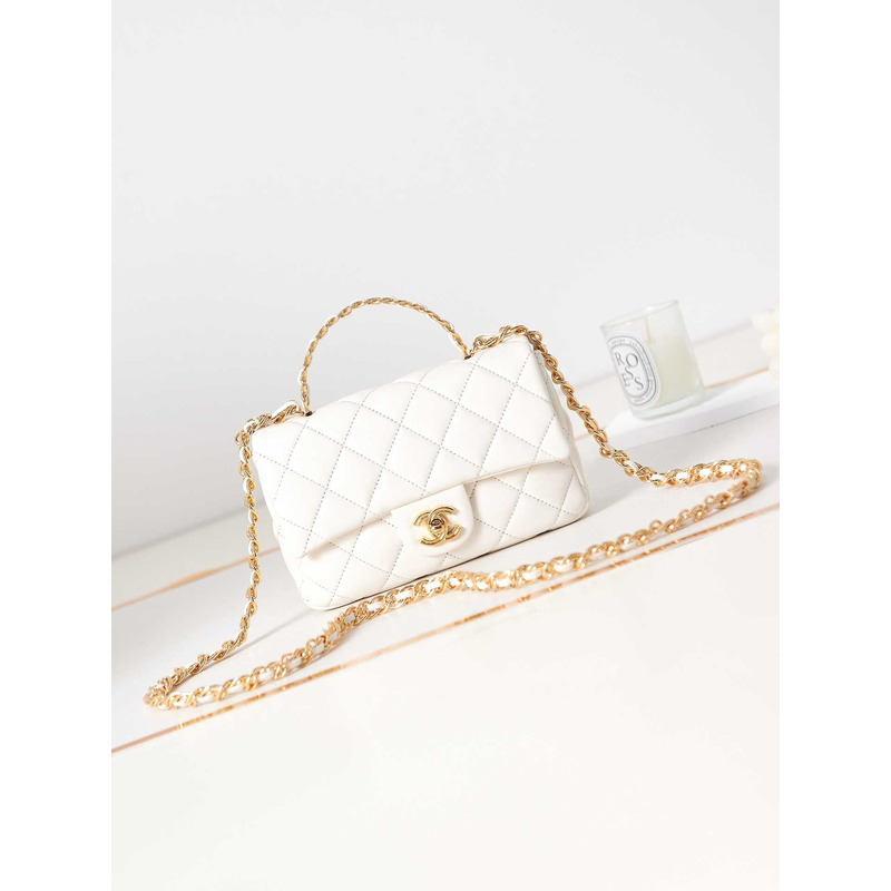 Ch*el small flap bag with handle polished lambskin & gold-tone metal white