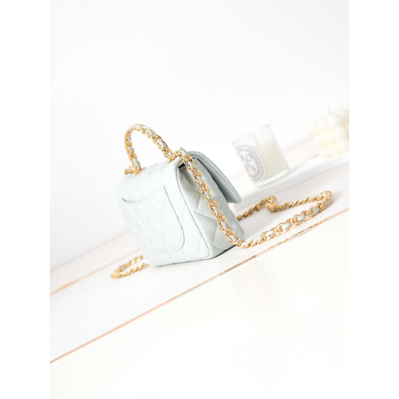 Ch*el small flap bag with handle polished lambskin & gold-tone metal blue