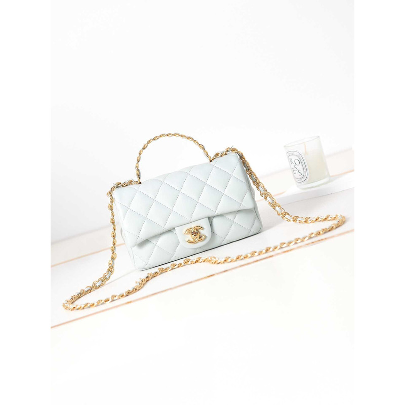 Ch*el small flap bag with handle polished lambskin & gold-tone metal blue