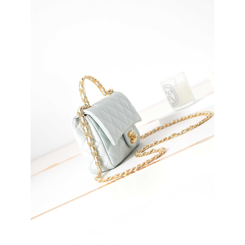 Ch*el small flap bag with handle polished lambskin & gold-tone metal blue