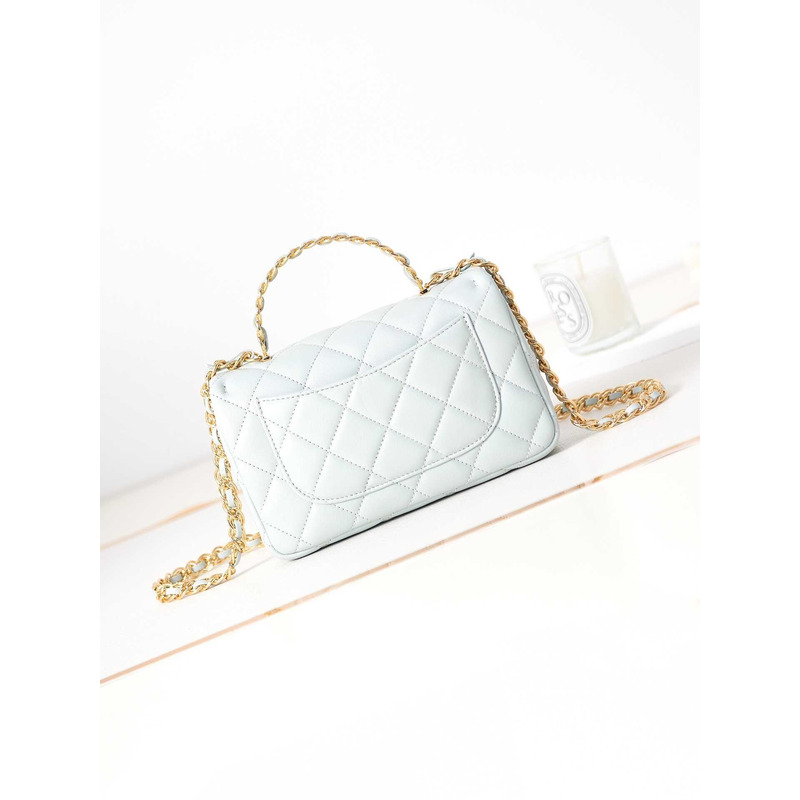 Ch*el small flap bag with handle polished lambskin & gold-tone metal blue