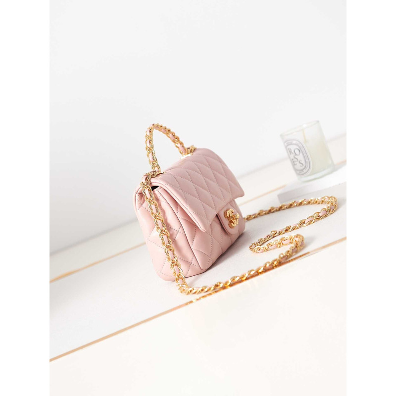 Ch*el small flap bag with handle polished lambskin & gold-tone metal pink