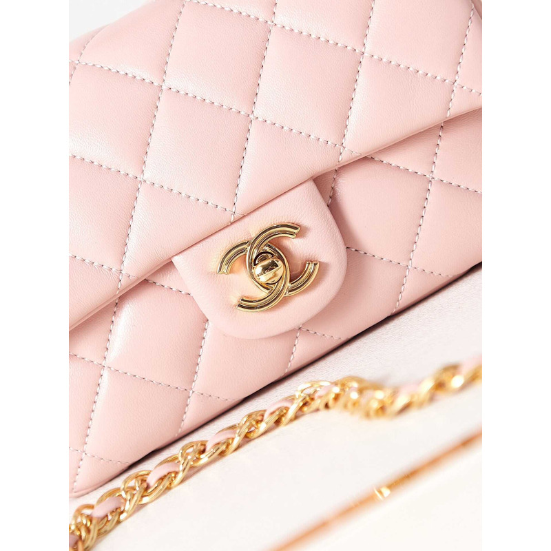 Ch*el small flap bag with handle polished lambskin & gold-tone metal pink