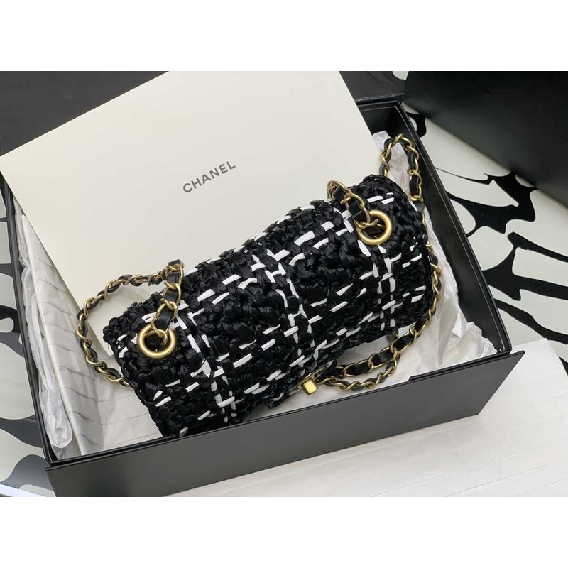 Ch*el mini flap bag raffia effect tweed & gold-tone metal black