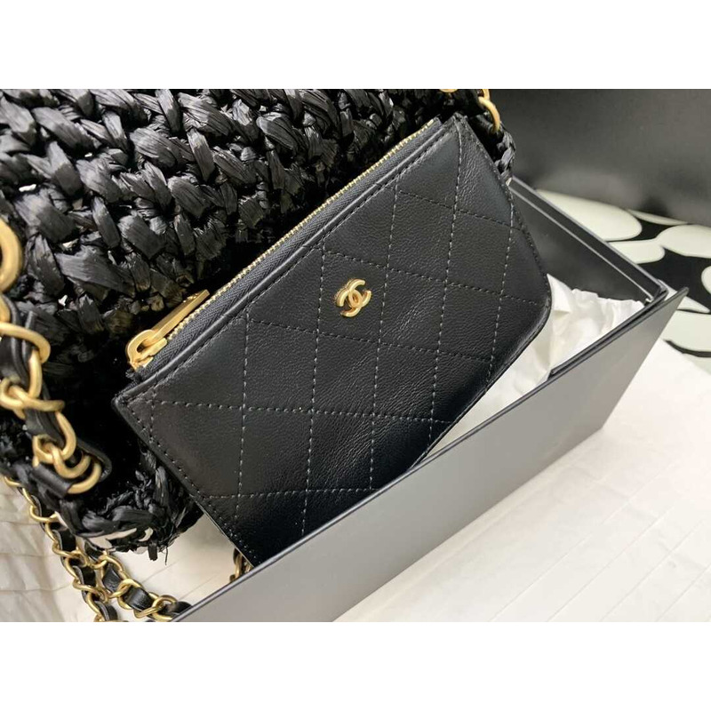 Ch*el mini flap bag raffia effect tweed & gold-tone metal black