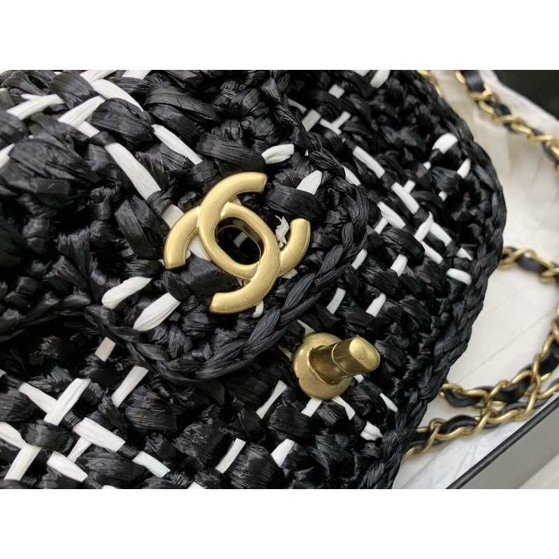 Ch*el mini flap bag raffia effect tweed & gold-tone metal black