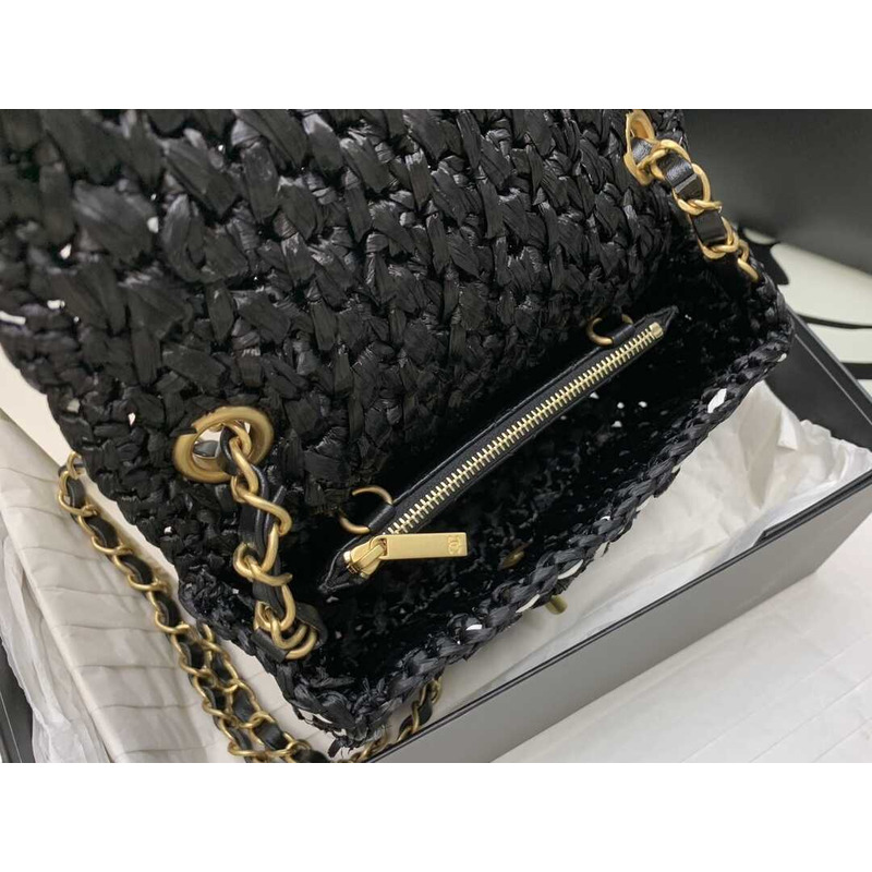 Ch*el mini flap bag raffia effect tweed & gold-tone metal black