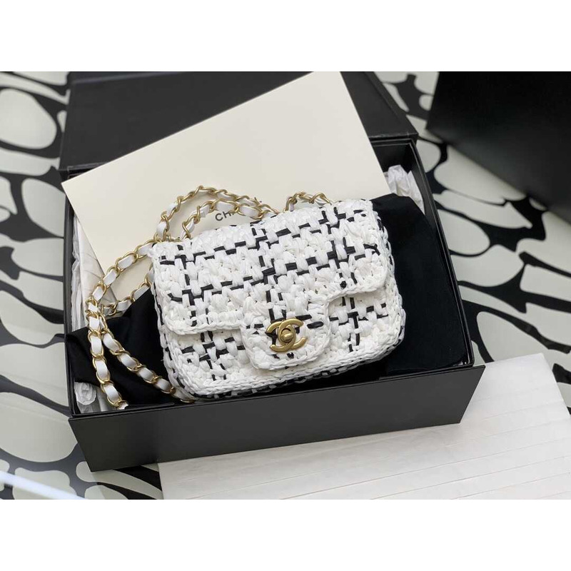 Ch*el mini flap bag raffia effect tweed & gold-tone metal white