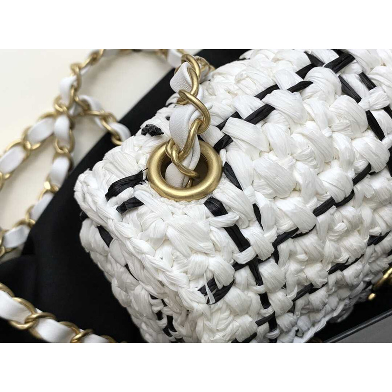 Ch*el mini flap bag raffia effect tweed & gold-tone metal white